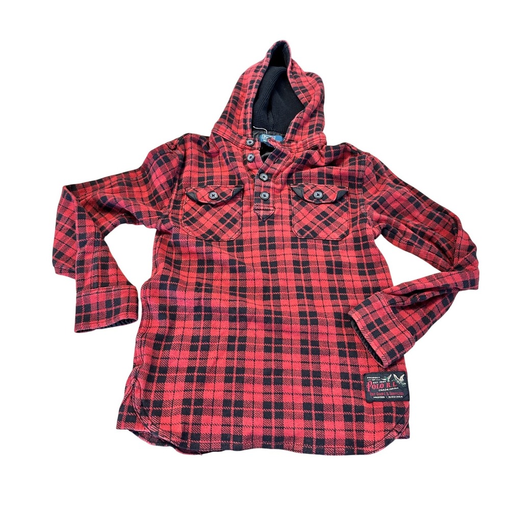 Polo‎ Ralph Lauren Kids Red Black Plaid Flannel Hoodie Button Up Shirt